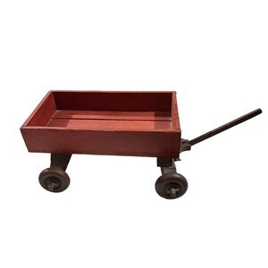 Handmade Wooden Little Red Wagon on Wheels & Steel Handle 10x6” Toy Planter Art